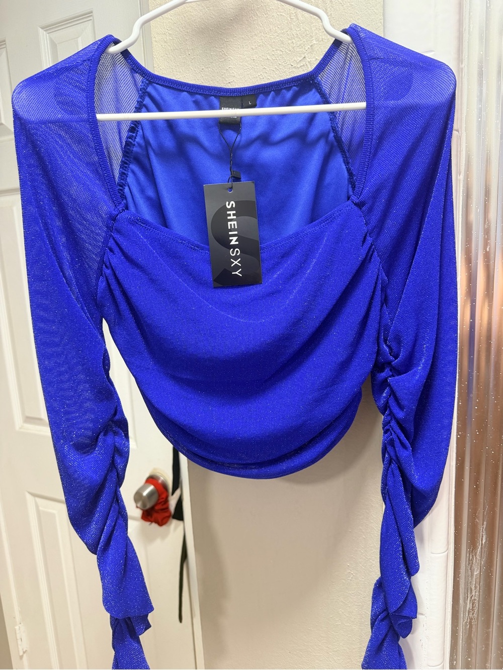 Blue long sleeve crop top blouse
